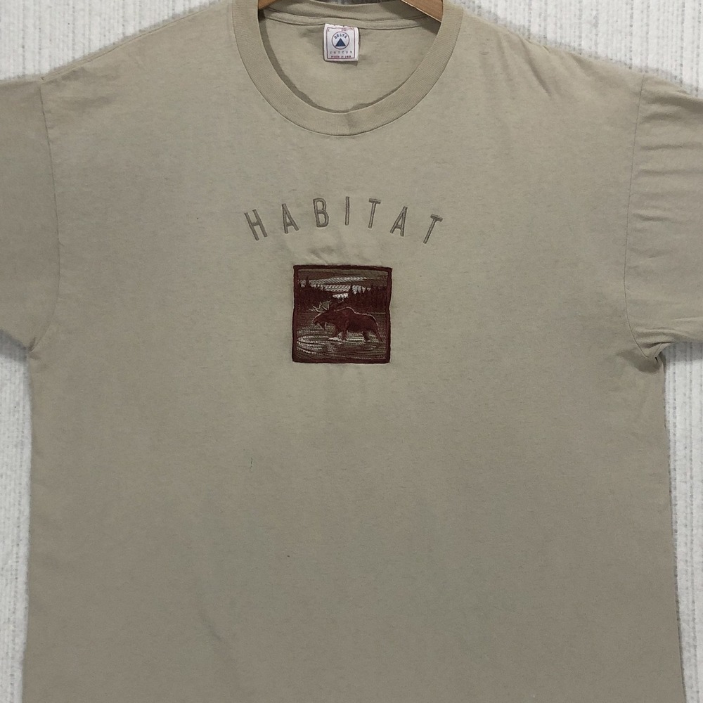 Vintage Delta Habitat Moose Embroidered T-Shirt Tan Mens Large Made in USA